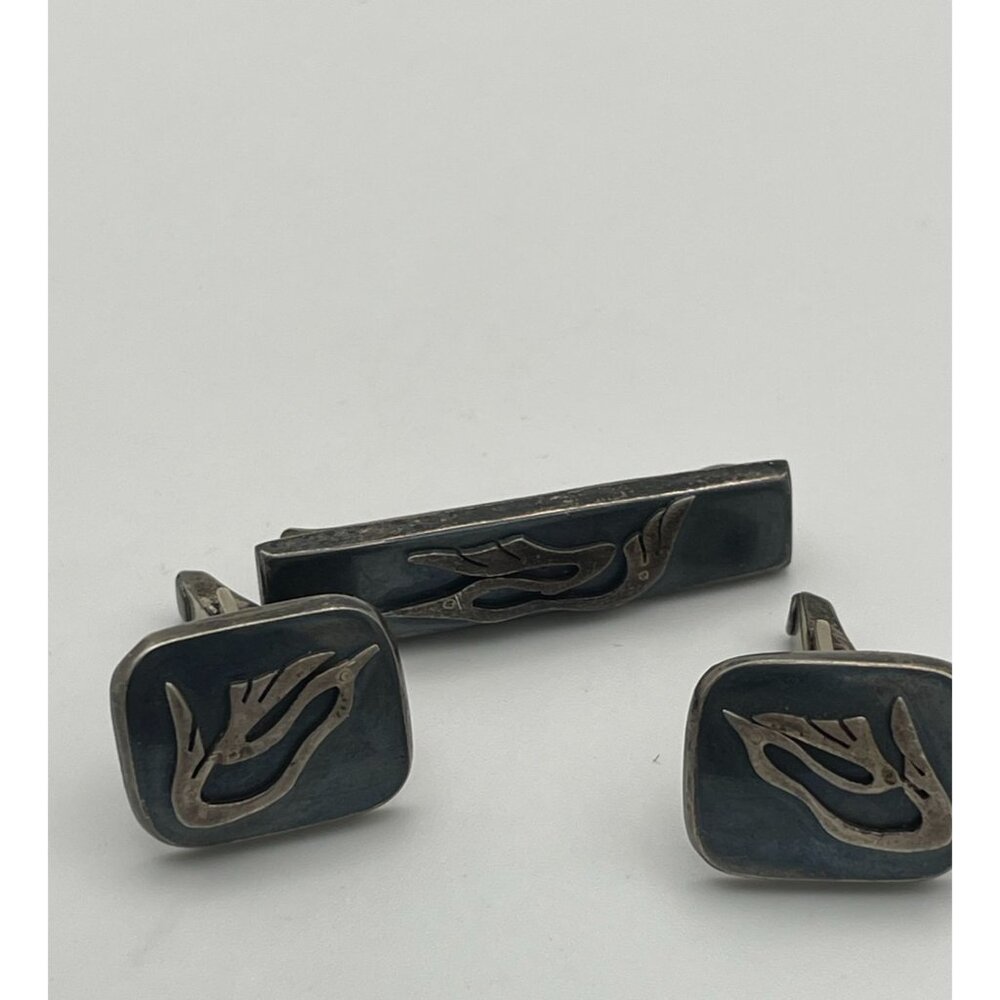 Enrique Ledesma Mexico Sterling Dove Tie Bar Cufflinks circa 1950 Signed